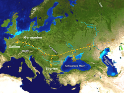 A suggested path of the Huns' movement westwards (labels in German)