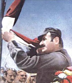 Portrait of the moment of Assad raising the Syrian flag over Quneitra, which he gained after the war