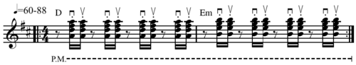 Skank guitar rhythm often considered "'the' reggae beat"[50]Play straightⓘ or Play shuffleⓘ.