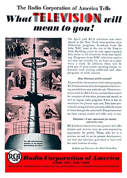 RCA ad for the beginning, in April 1939, of regular experimental television broadcasting by RCA-NBC over New York City station W2XBS (forerunner of today's WNBC/4), for "an hour at a time, twice a week."[41]
