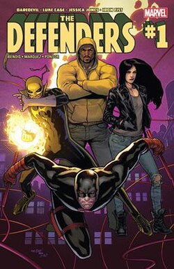 The Defenders (2017) #1, with the team consisting of Iron Fist, Luke Cage, Jessica Jones and Daredevil. Art by David Marquez.