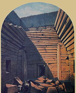 Maes Howe, Orkney, Scotland, c. 2800 BC. Drawing made in 1861 shortly after the excavation through the roof of Maeshowe by the antiquarian James Farrer