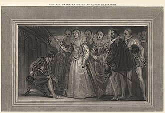Francis Drake (left) being knighted by Queen Elizabeth I in 1581. The recipient is tapped on each shoulder with a sword.