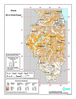 Average annual wind power distribution for Illinois, 50 m (160 ft) height above ground (2009)