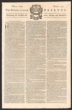 The May 9, 1754 issue of The Pennsylvania Gazette, published in Philadelphia