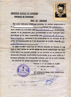 Border pass for Spanish farmers to access their fields on the French side, as agreed in the Bayonne treaties 1856 and 1862. Type shown introduced 1949, this pass issued 1965.