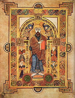 A page from the Book of Kells, an illuminated manuscript created in the British Isles in the late 8th or early 9th century[139]
