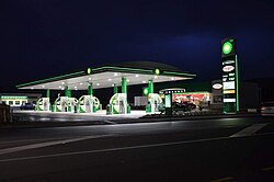 A modern BP filling station (built in 2015) in New Zealand, with a Wild Bean Cafe and BP Connect