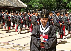 The Jeonju Yi family performs rites (jongmyo jerye) to honor their ancestors in an annual ceremony which has been declared an Intangible Cultural Heritage by the Korean government.