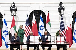 Emirati Minister of Foreign Affairs Abdullah bin Zayed Al Nahyan (furthest right) at the signing of the Abraham Accords