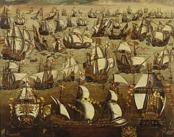 A late 16th-century portrait of the Spanish Armada battling Royal Navy warships