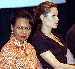 Jolie and Secretary of State Condoleezza Rice at a UNHCR celebration of World Refugee Day in June 2005