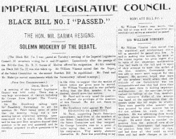 Headlines about the Rowlatt Bills (1919) from a nationalist newspaper in India. Although all non-official Indians on the Legislative Council voted against the Rowlatt Bills, the government was able to force their passage by using its majority.[84]