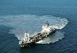 sudging dredger in the Beaufort Sea used to build artificial islands for oil prospection