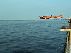 A man dives into the Great South Bay of Long Island.