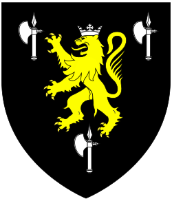 Arms of Shorter, of Bybrook, Kent: Sable, a lion rampant or ducally crowned argent between three battle axes of the last headed of the second[93]