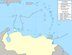 Map showing the maritime border treaties between Venezuela and the US, France, the Netherlands, Dominican Republic and Trinidad and Tobago, setting part of the borders of the Federal Dependencies.