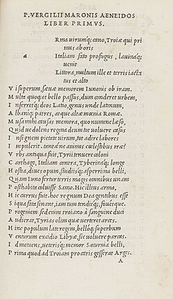Aldus Manutius' italic, in a 1501 edition of Virgil. Italic is only used for the lower case and not for capitals.[1]