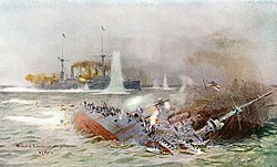 Two battling ships, with one sinking