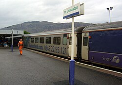 Arrival at Fort William of the overnight sleeper train from London Euston.