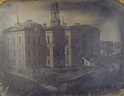 1855 daguerreotype attributed to Alexander Hesler of the Cook County Court House and City Hall. Believed to be the oldest surviving photograph taken in Chicago.