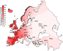Geographical distribution of Haplogroup R1b (Y-DNA), R1b1a1a2 (R-M269)