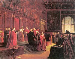 A portrait painting the fall of the Republic of Venice (1797): the abdication of the last Doge, Ludovico Manin