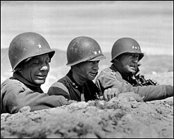 From left to right, Brigadier General Theodore Roosevelt Jr., Major General Terry Allen and Lieutenant General George S. Patton, March 1943
