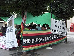 Example of foreign criticism: a demonstration against Mugabe's regime next to the Zimbabwe embassy in London (mid-2006)