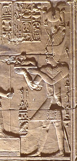 Ptolemy XII, father of Cleopatra VII, making offerings to Egyptian Gods, in the Temple of Hathor, Dendera, Egypt