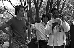 Cesar Chavez speaking at a 1974 United Farm Workers rally in Delano, California. The UFW during Chavez's tenure was committed to restricting immigration.