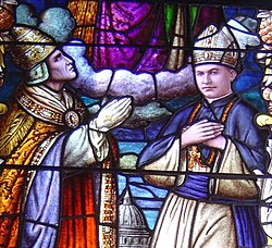 Pope Pius XI (left), depicted in this window at the Cathedral of Our Lady of Peace, Honolulu, was ordinary of the universal Church as well as the Diocese of Rome from 1922 to 1939. Bishop Stephen Alencastre (right), Apostolic Vicar of the Sandwich Islands, was the ordinary of what is now the Diocese of Honolulu.