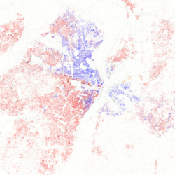 Map of racial distribution in St. Louis, 2010 U.S. Census. Each dot is 25 people: ⬤ White ⬤ Black ⬤ Asian ⬤ Hispanic ⬤ Other