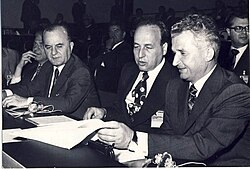Ceaușescu with Ștefan Andrei and George Macovescu at CSCE Meeting in Helsinki, Finland in 1975