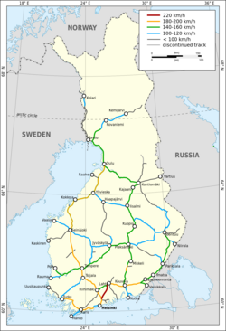 Running speeds on the Finnish railway network.