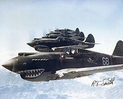 Shark-themed nose art, made popular by the Flying Tigers (pictured), is commonly seen on military aircraft.