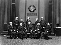 Centre Party Member of Reichstag (first line sitting from left to right: Paul Letocha, Dr. Ludwig Windthorst, Graf v. Johann Anton von Chamaré, Anton von Dejanicz-Gliszczynski, Albert Horn second line-standing-left to right: Graf v. Friedrich von Praschma, Philipp Schmieder (not Centre party), Dr. Felix Porsch, Dr. Frhr. Clemens Heereman von Zuydwyck, Julius Szmula)