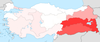 Percentage of ethnic Kurds in Turkey by region (2010)[375]