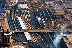 A large Amtrak and Metra coach yard just south of Chicago Union Station. About 25 percent of all rail traffic in the United States travels through the Chicago area.