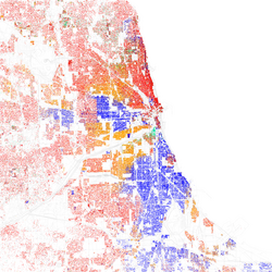 Map of racial distribution in Chicago, 2010 U.S. census. Each dot is 25 people: ⬤ White ⬤ Black ⬤ Asian ⬤ Hispanic ⬤ Other