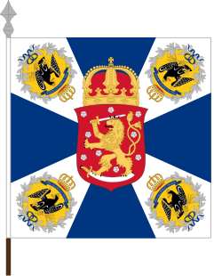 Jääkärilippu, the colour of 27th Royal Prussian Jaeger Battalion, is carried immediately behind the national flag in all Finnish Defence Forces national parades