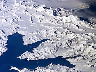 Satellite image of central South Georgia: Harker Glacier, Cumberland Bay, Thatcher Peninsula, Allardyce Range, Mount Paget.