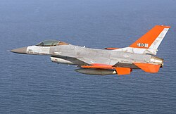 USAF QF-16A, on its first unmanned test flight, over the Gulf of Mexico