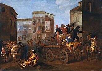 Commedia dell'arte troupe on a wagon, by Jan Miel, 1640