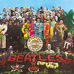 Front cover of Sgt. Pepper's Lonely Hearts Club Band, "the most famous cover of any music album, and one of the most imitated images in the world"[201]