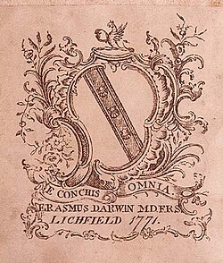 Erasmus Darwin's coat of arms. Escutcheon: Argent, on a bend Gules cottised Vert, three escallop shells, Or. Crest: A demi-griffin segreant, Vert, holding in his claws an escallop, Or. Motto: E conchis omnia (All things out of conches/molluscs).