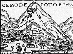 First image of the Cerro Rico mine in Potosí to reach Europe, by Pedro Cieza de León in 1552.