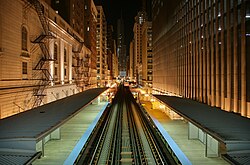 Chicago Transit Authority Chicago "L" tracks in the Chicago Loop at the Adams/Wabash station at night