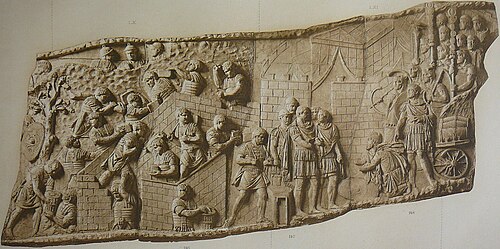 Relief panel from Trajan's Column in Rome, showing the building of a fort and the reception of a Dacian embassy