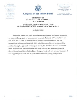 Letter from Congressman Rush Holt to Stone Hill Church of Princeton on the occasion of their dedication.